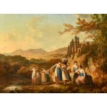 Julius Caesar Ibbetson (1759-1817) British. 'Roslyn Castle with Figures in the foreground', Oil on