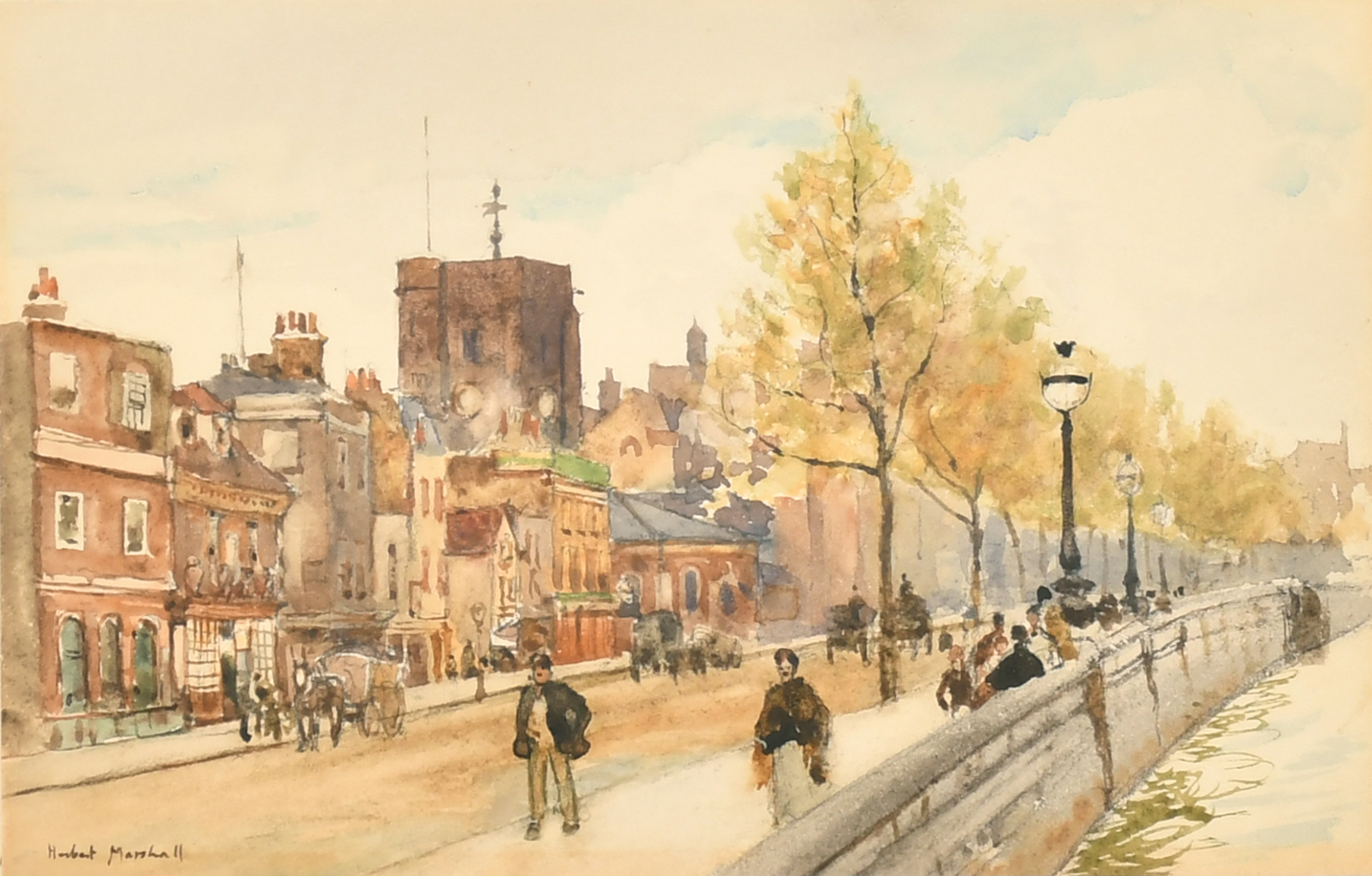 Herbert Menzies Marshall (1841-1913) British. 'Chelsea Old Church', Watercolour, Signed, 5.25" x 8.