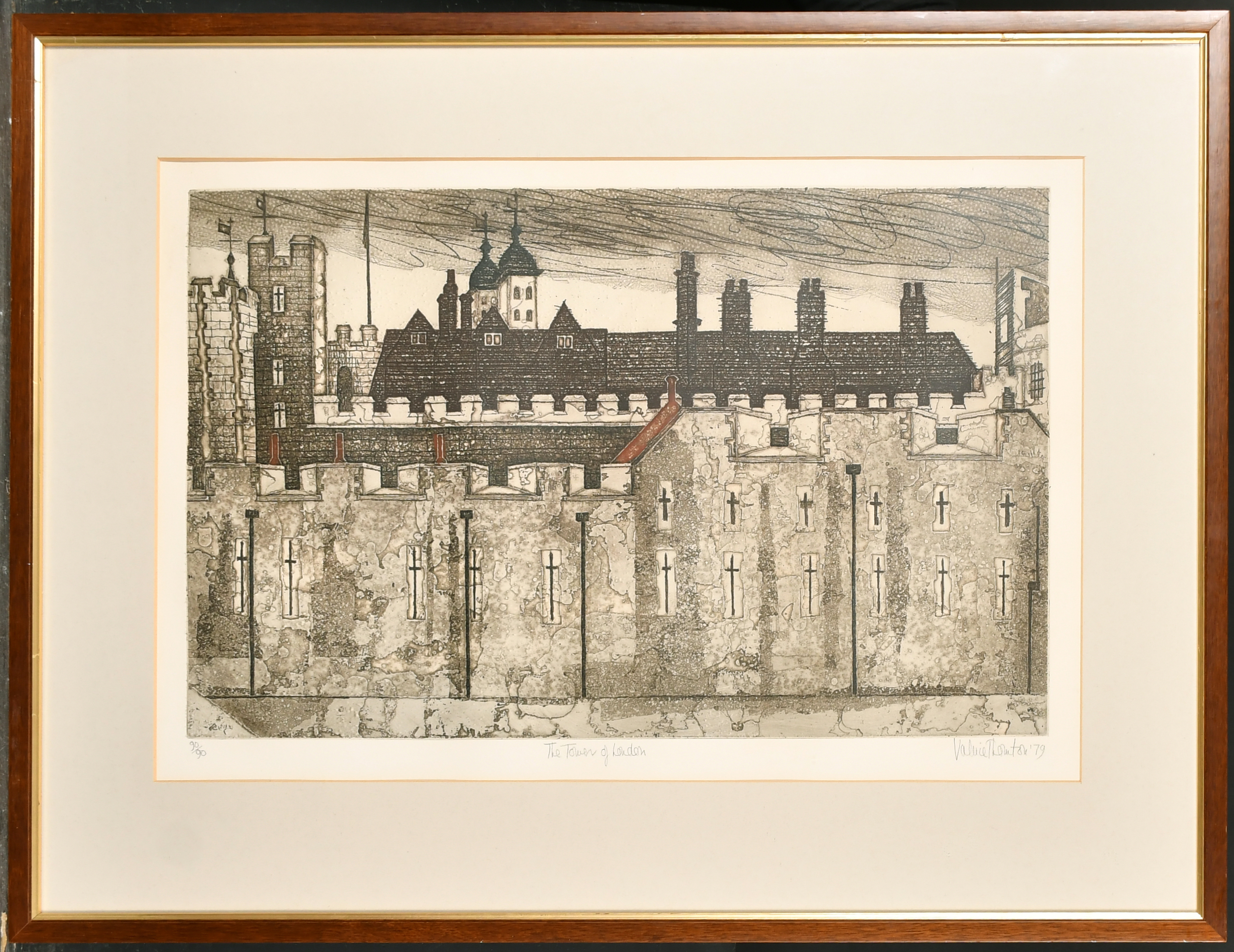 Valerie Thornton (1931-1991) British. "The Tower of London", Etching, aquatint in colours, Signed, - Image 2 of 5