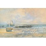 Charles William Wyllie (1853-1923) British. Gulls on a Beach, Watercolour, Inscribed on a label