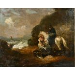 After George Morland (1763-1804) British. Figures on a Beach, Oil on canvas, Unframed 17" x 21" (