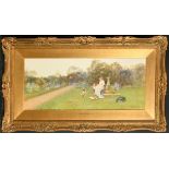 Tom Lloyd (1849-1910) British. An Elegant Lady with Dogs in a Garden, Watercolour, Signed and