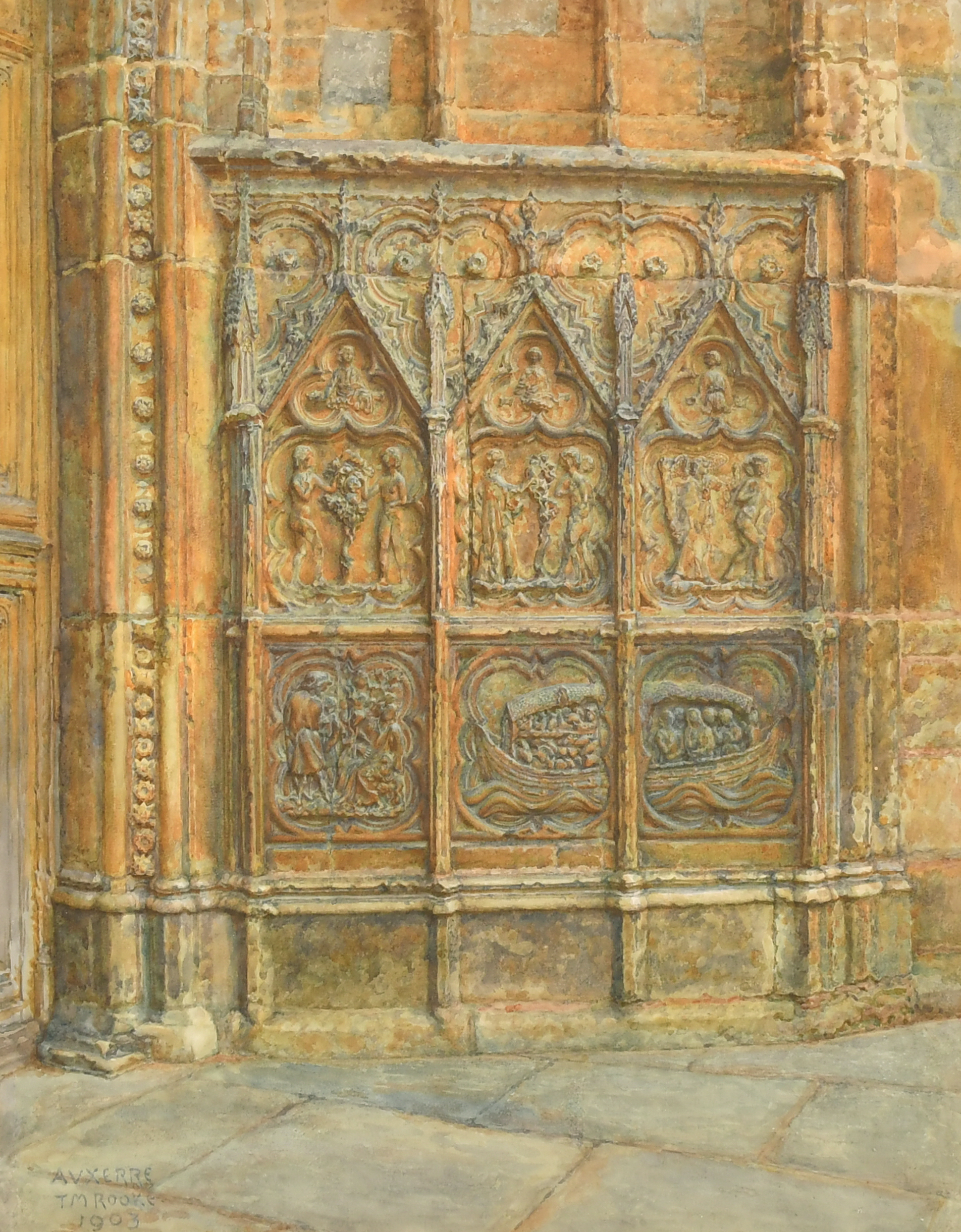 Thomas Matthew Rooke (1842-1942) British. "Carvings by The Cathedral Door Auxerre, France",