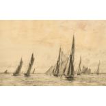 William Lionel Wyllie (1851-1931) British. "Barges in Thames Estuary", Etching, Signed in pencil,