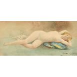 Louis Gaston-Gerard (1859-?) French. A Reclining Nude, Watercolour, Signed, 4.25" x 8.75" (10.8 x