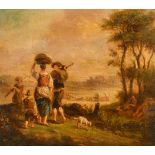 19th Century English School. Figures in a Landscape, Oil on panel, 7.5" x 8.5" (19 x 21.6cm)