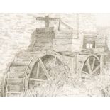 Rachel Ann Le Bas (1923-2020) British. "Old Water Wheels, Dunster Mill", Line engraving, Signed,