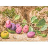 John Sherrin (1819-1896) British. Still Life of Plums and an Apple, Watercolour, Signed, 12" x