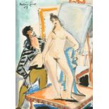 20th Century French School. An Artist with his Nude Model, Watercolour and ink, Indistinctly