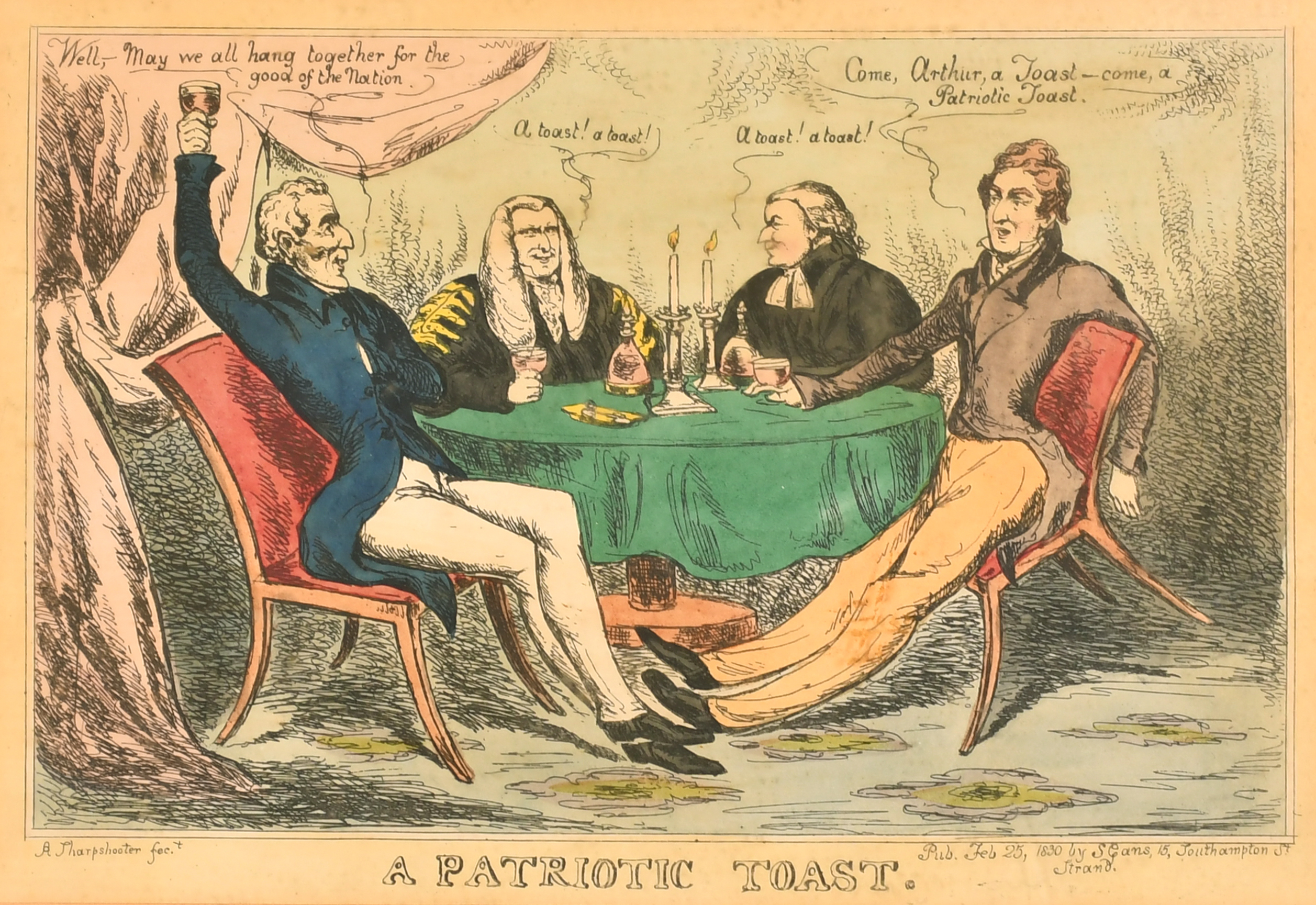 A Sharpshooter (19th Century) British. "A Patriotic Toast", Hand coloured etching, Published by S
