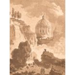 18th Century Italian School. A Landscape with a Classical Building in the distance, Print, Mounted,