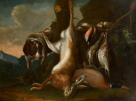 Circle of Jan Weenix (1640-1719) Dutch. Spaniel with Dead Game, Oil on panel, 33" x 48" (83.7 x 122c
