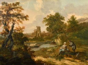 18th Century Dutch School. Figures in a River Landscape with Ruins beyond, Oil on canvas, 18.5" x 25