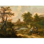 18th Century Dutch School. Figures in a River Landscape with Ruins beyond, Oil on canvas, 18.5" x 25