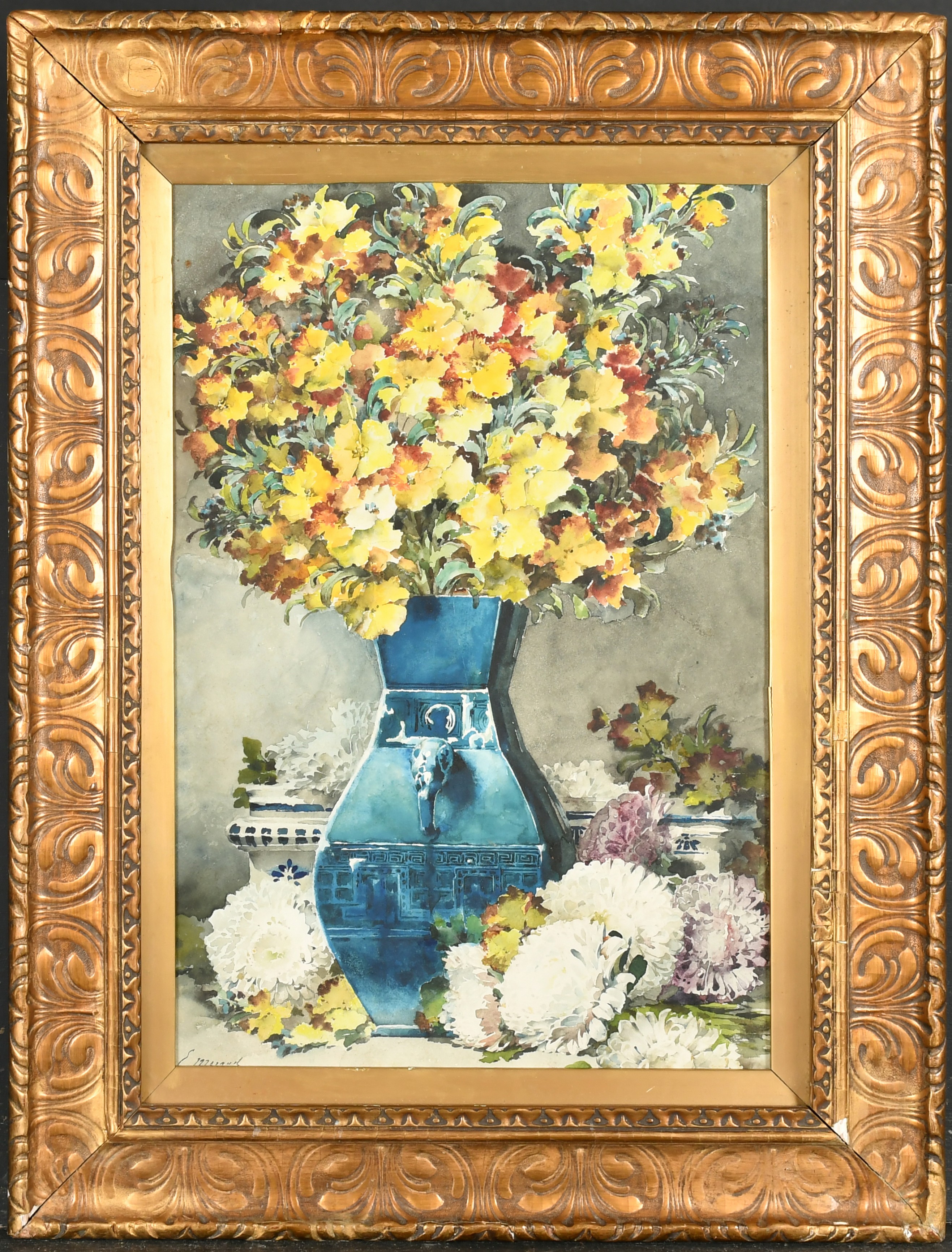 Eugene Morand (1855-1930) Russian. Still Life with Flowers in a Blue Vase, Watercolour, Signed, 18" - Image 2 of 4