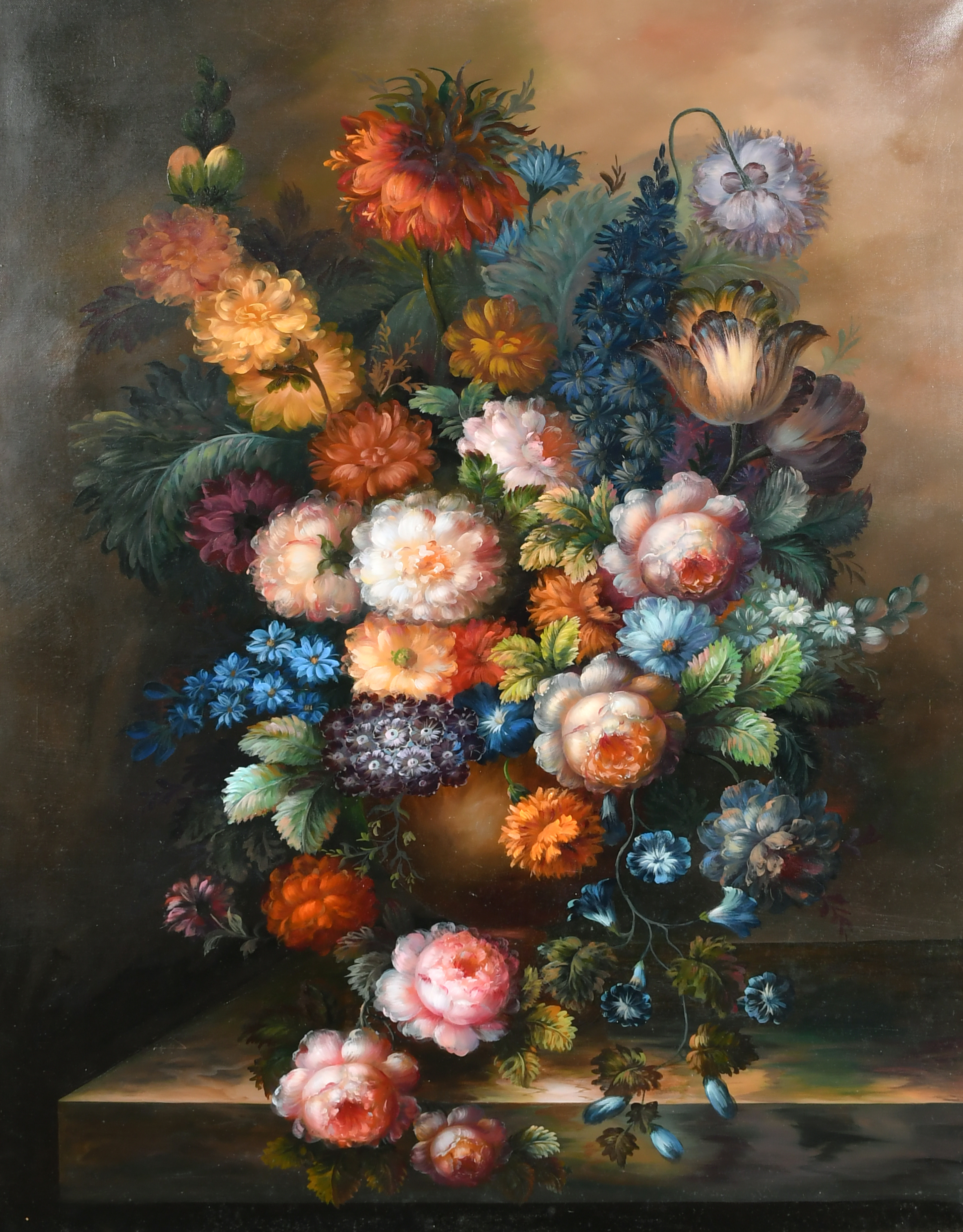 20th Century Dutch Style. Still Life of Flowers in an Urn, Oil on canvas, 36" x 28" (91.5 x 71cm) an - Image 2 of 5