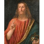 Early 18th Century Italian School. Salvator Mundi, Oil on canvas, In a stripped carved wood frame, 2