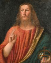 Early 18th Century Italian School. Salvator Mundi, Oil on canvas, In a stripped carved wood frame, 2