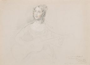 John Linnell (1792-1882) British. Portrait of Fanny Sheppard Playing the Guitar, Pencil and coloured