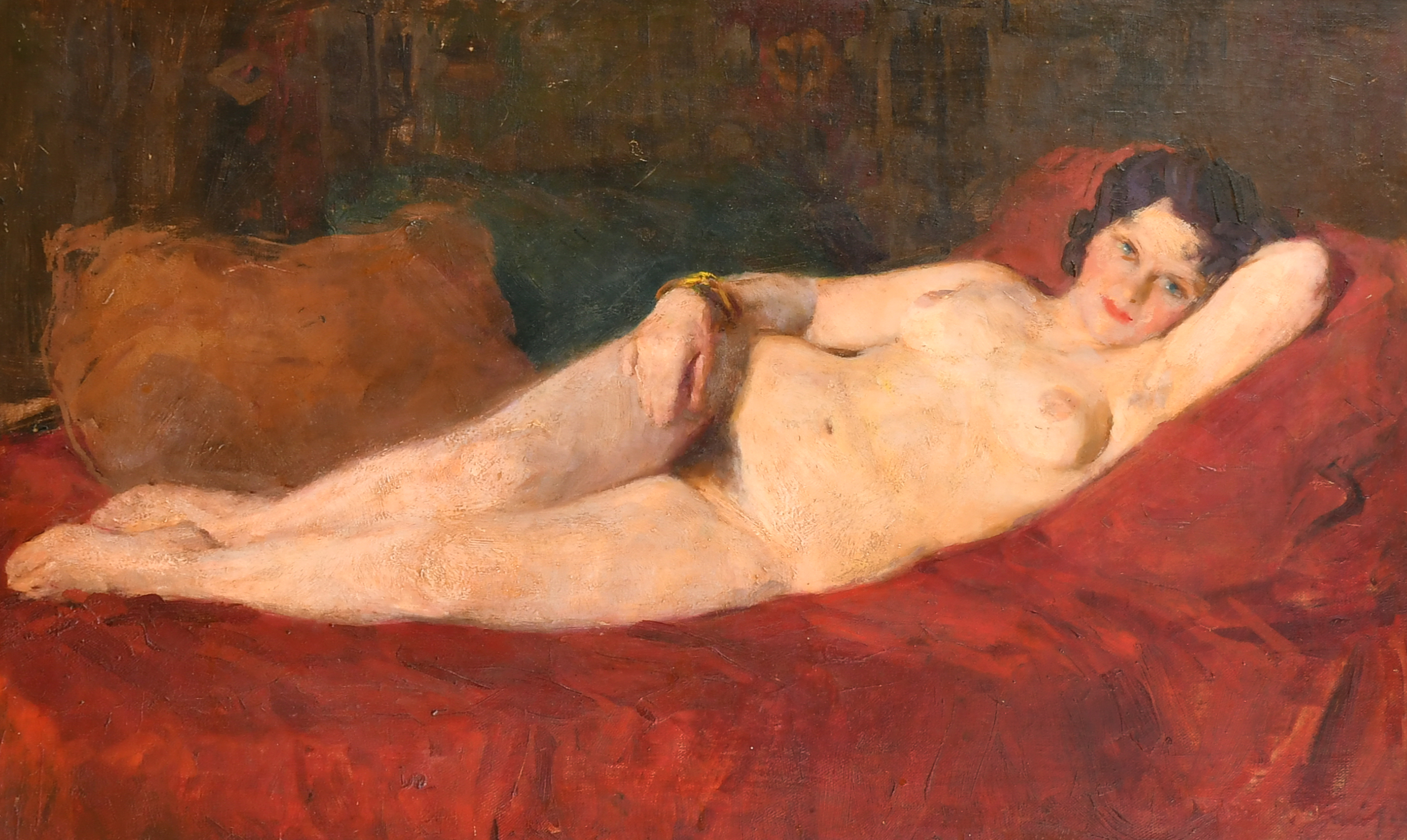 Ferenc Gaal (1891-1956) Hungarian. A Reclining Female Nude, Oil on canvas, Signed, 20" x 32" (50.8 x