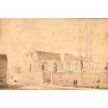 C T Page (19th Century) British. Figures by a Church, Pencil, Signed in pencil, Unframed 6.5" x 10"