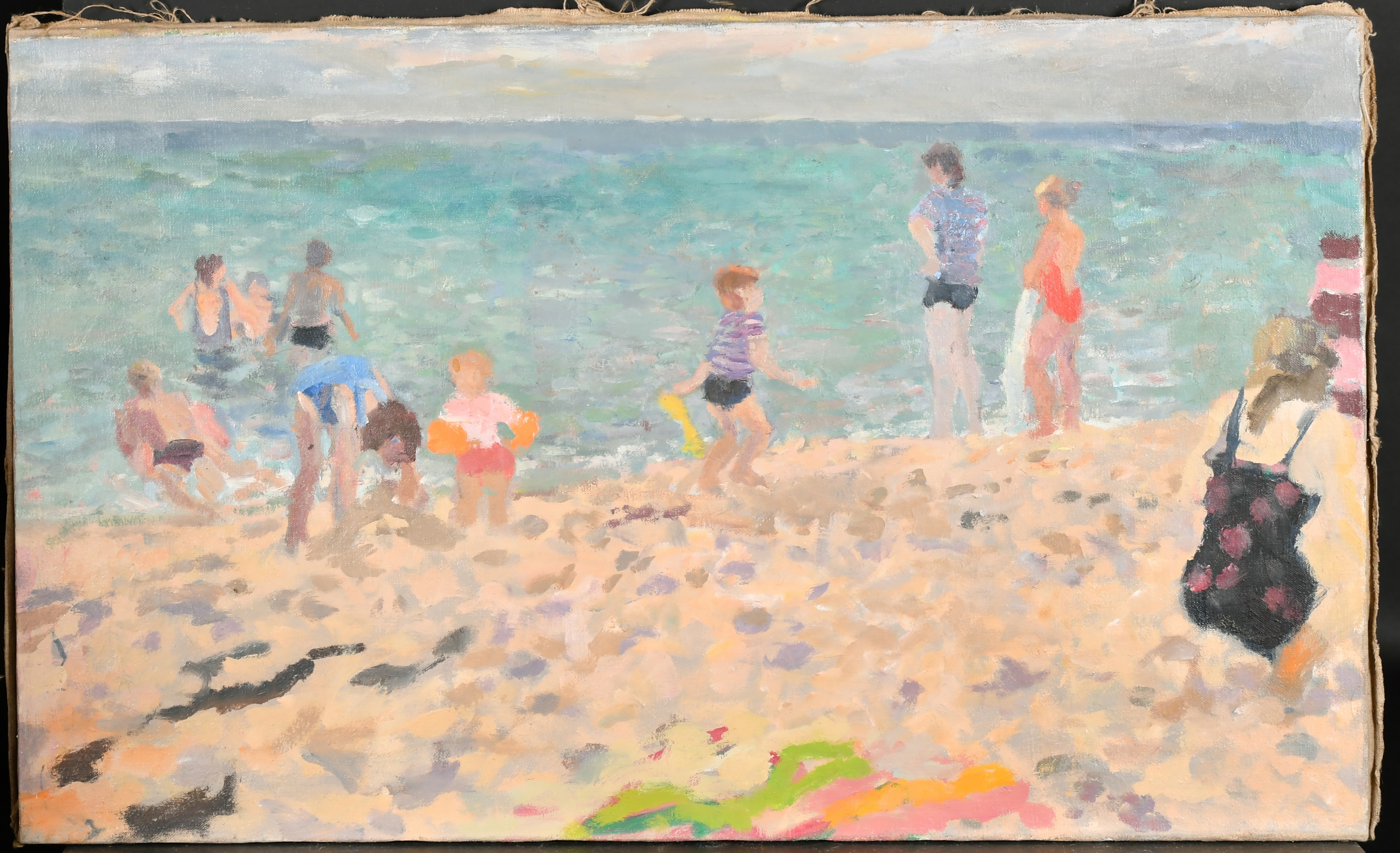 John Harvey (1935- ) British. Figures on a Beach, Oil on canvas, Studio stamp verso, Unframed 18" - Image 2 of 4