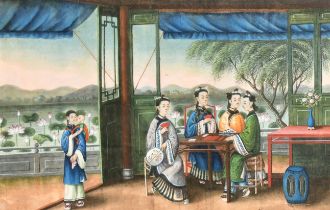19th Century Chinese School. Figures on a Terrace, Watercolour, with eglomise glass, 7.5" x 11.5" (1