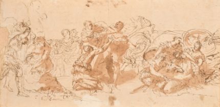 17th Century European School. A Battle Scene, Ink and wash on joined paper, 8.5" x 16.5" (21.6 x 41.