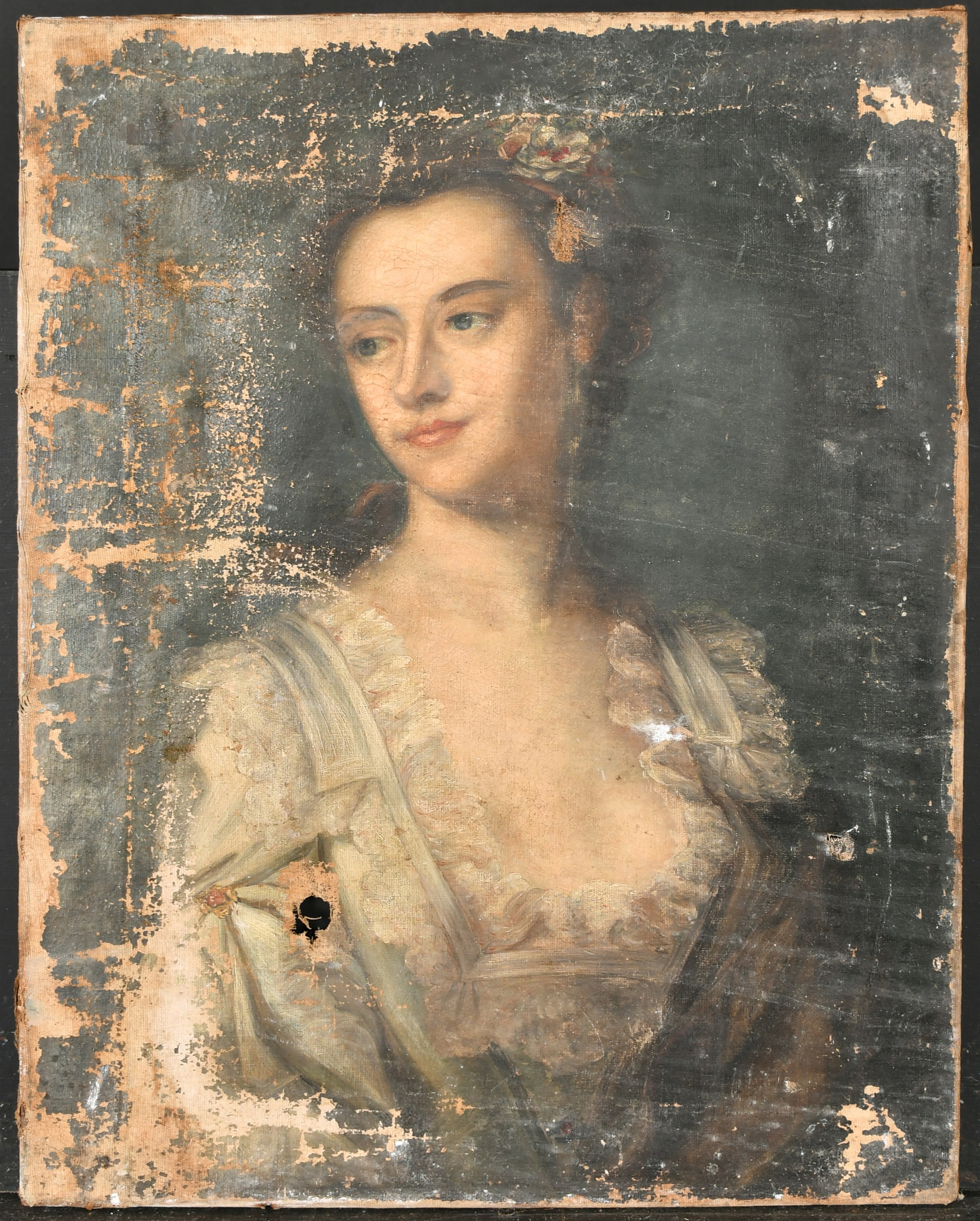 18th Century English School. Bust Portrait of a Lady, Oil on canvas, Unframed 24" x 18" (61 x 45.7cm - Image 2 of 3