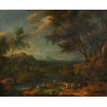 Circle of Johann Christian Brand (1722-1795) Austrian. Figures in a Classical Landscape, Oil on canv