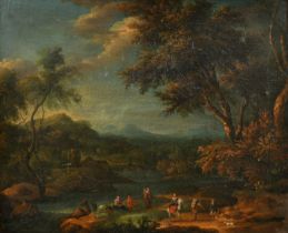 Circle of Johann Christian Brand (1722-1795) Austrian. Figures in a Classical Landscape, Oil on canv