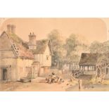 H Wood (19th Century) British. Figures by a Farm, Watercolour, Indistinctly signed and dated 1838, A