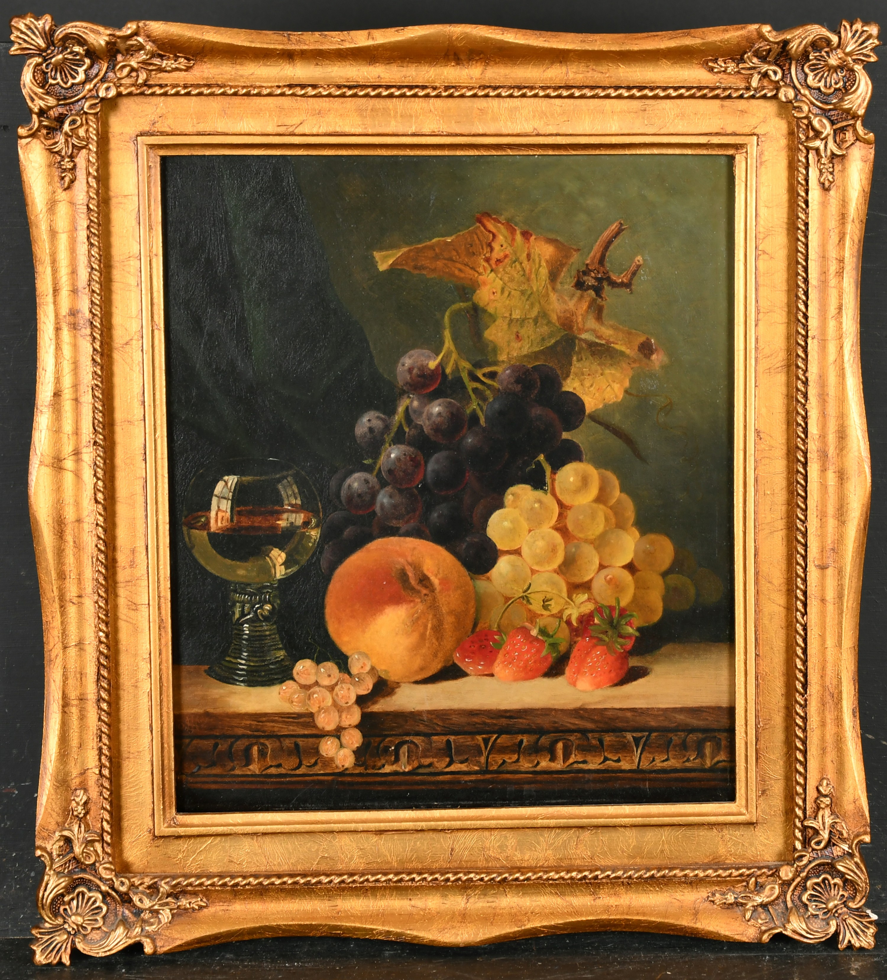 Jane Hunter Shield (19th-20th Century) British. Still Life with Fruit and Glass on a Ledge, Oil on c - Image 2 of 4