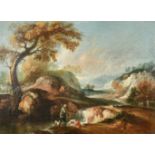 Circle of Giuseppe Zais (1709-1784) Italian. Figures in a Classical Landscape, Oil on canvas, 14" x