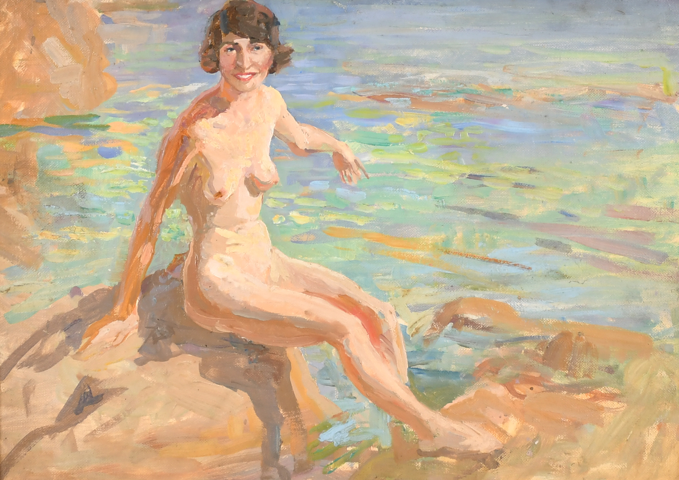 Reginald Robert Tomlinson (1885-1978) British. A Naked Girl on a Beach, Oil on artist's board, Inscr