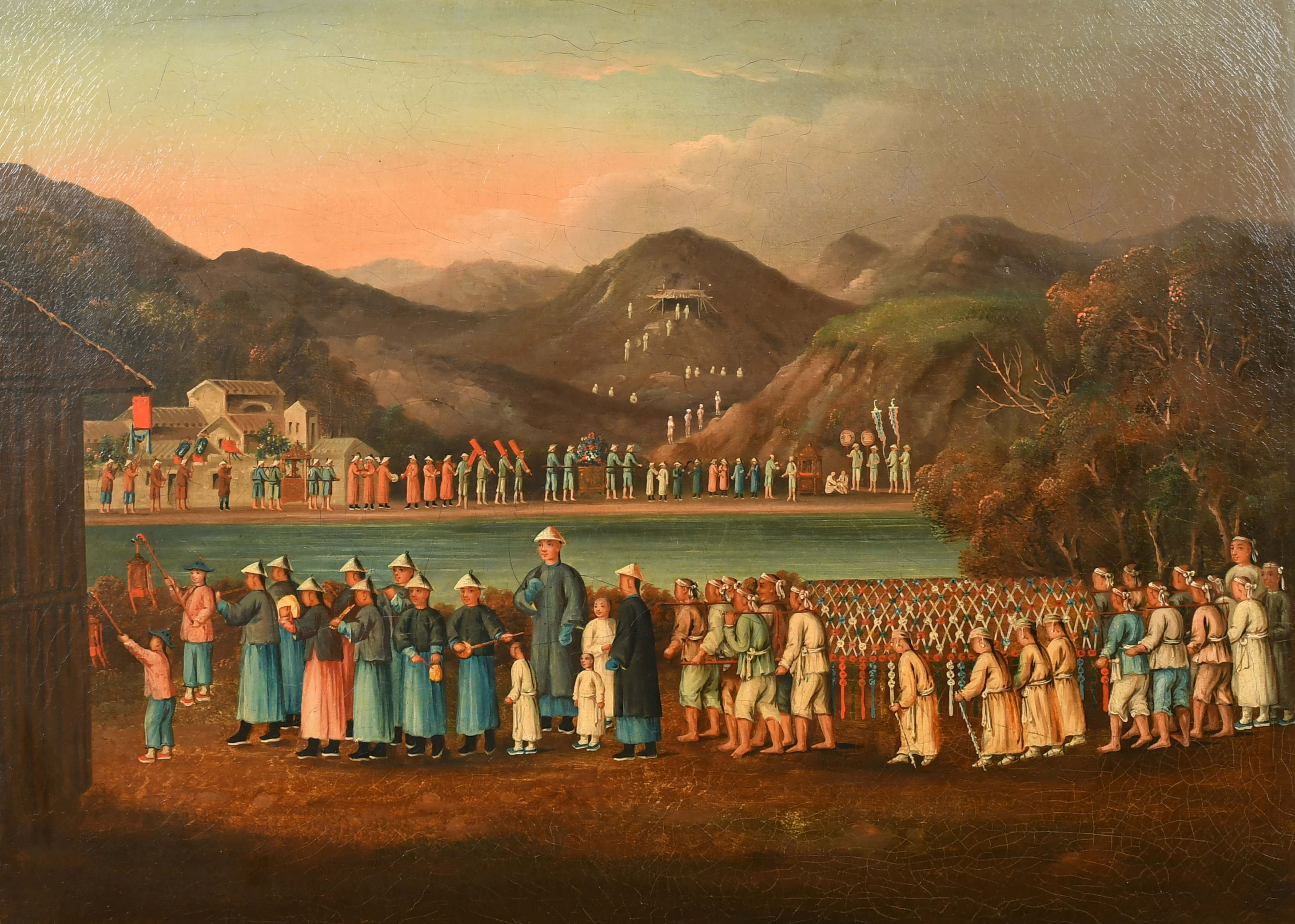 Early 19th Century Chinese School. A Procession around a Lake, Oil on canvas, 18" x 23.5" (45.7 x 59