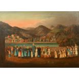 Early 19th Century Chinese School. A Procession around a Lake, Oil on canvas, 18" x 23.5" (45.7 x 59