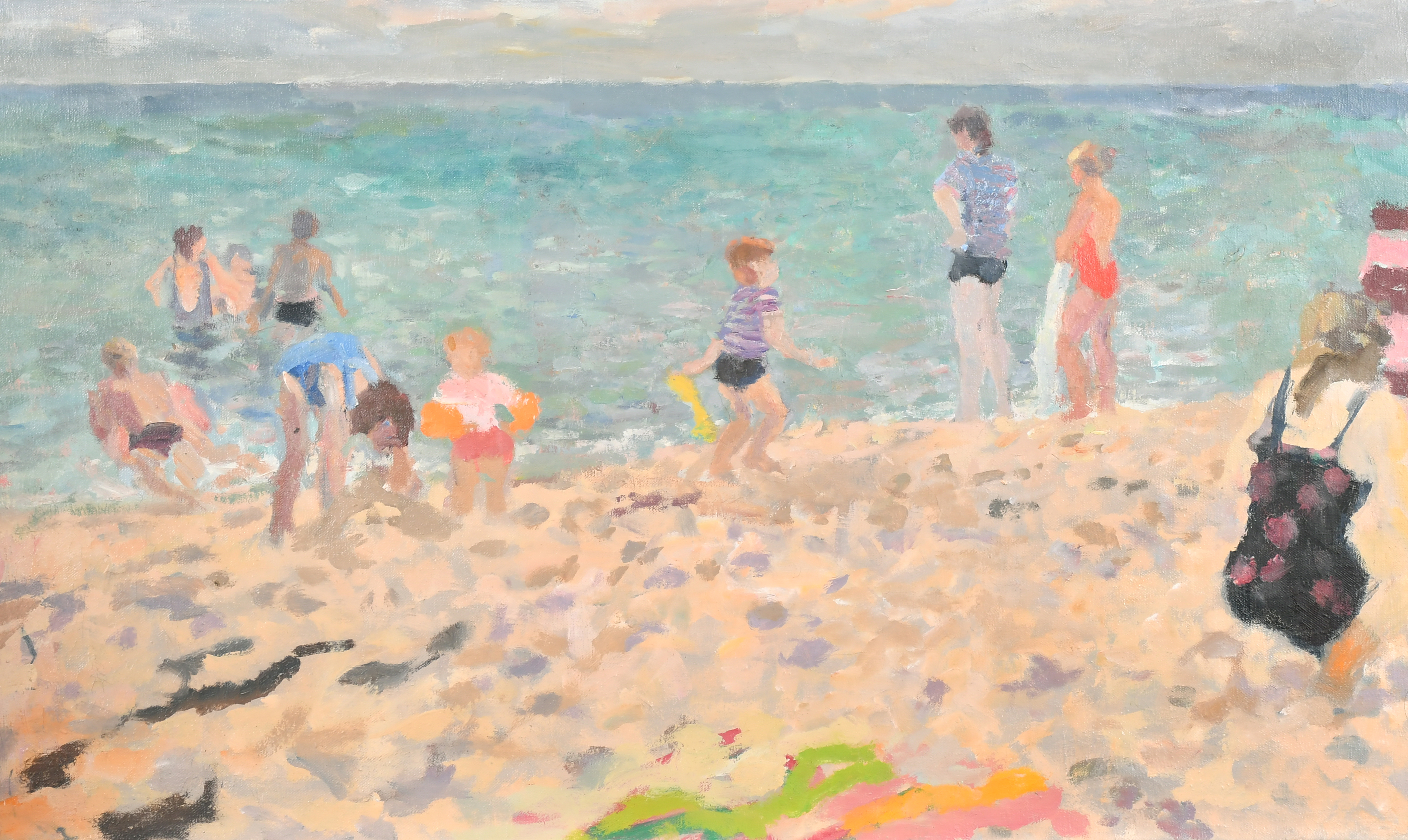 John Harvey (1935- ) British. Figures on a Beach, Oil on canvas, Studio stamp verso, Unframed 18"