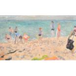 John Harvey (1935- ) British. Figures on a Beach, Oil on canvas, Studio stamp verso, Unframed 18"