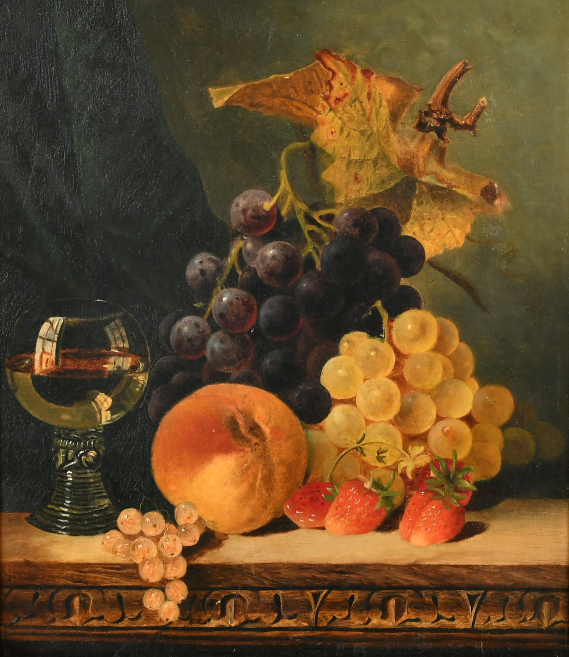 Jane Hunter Shield (19th-20th Century) British. Still Life with Fruit and Glass on a Ledge, Oil on c