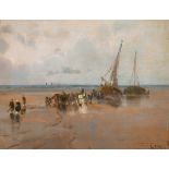 George Charles Haite (1855-1924) British. Unloading the Catch, Oil on panel, Signed and dated '89, 1