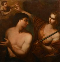 17th Century Italian School. An Allegory of Justice, Oil on canvas, Unframed 34" x 34" (86.3 x 86.3c