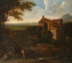 Circle of Gaspar Dughet (1615-1675) Italian. Figures in a Classical Landscape, Oil on canvas, In a f