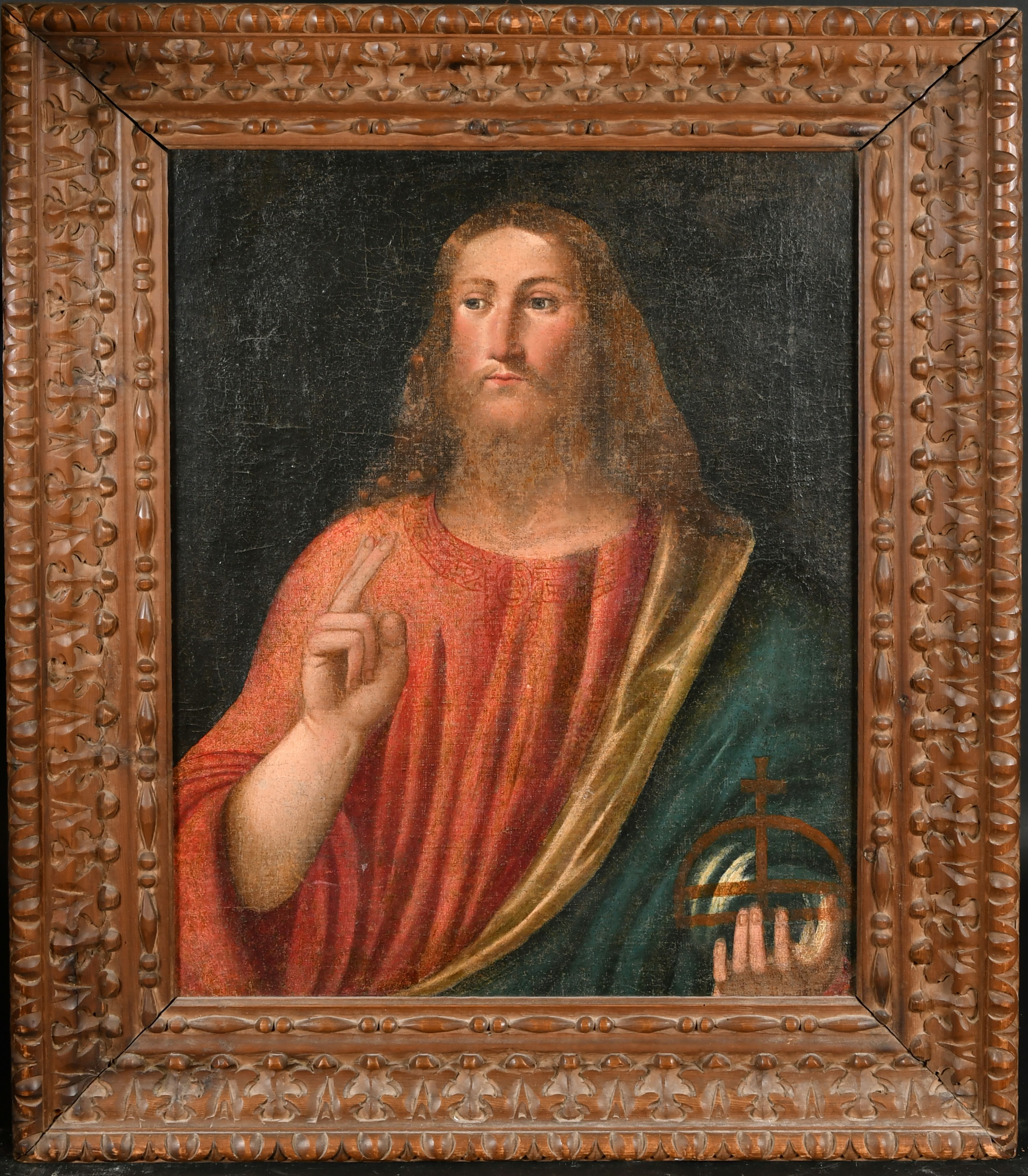 Early 18th Century Italian School. Salvator Mundi, Oil on canvas, In a stripped carved wood frame, 2 - Image 2 of 3