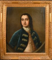 18th Century English School. Bust Portrait of a Man, Oil on canvas, In a carved giltwood frame, 30"