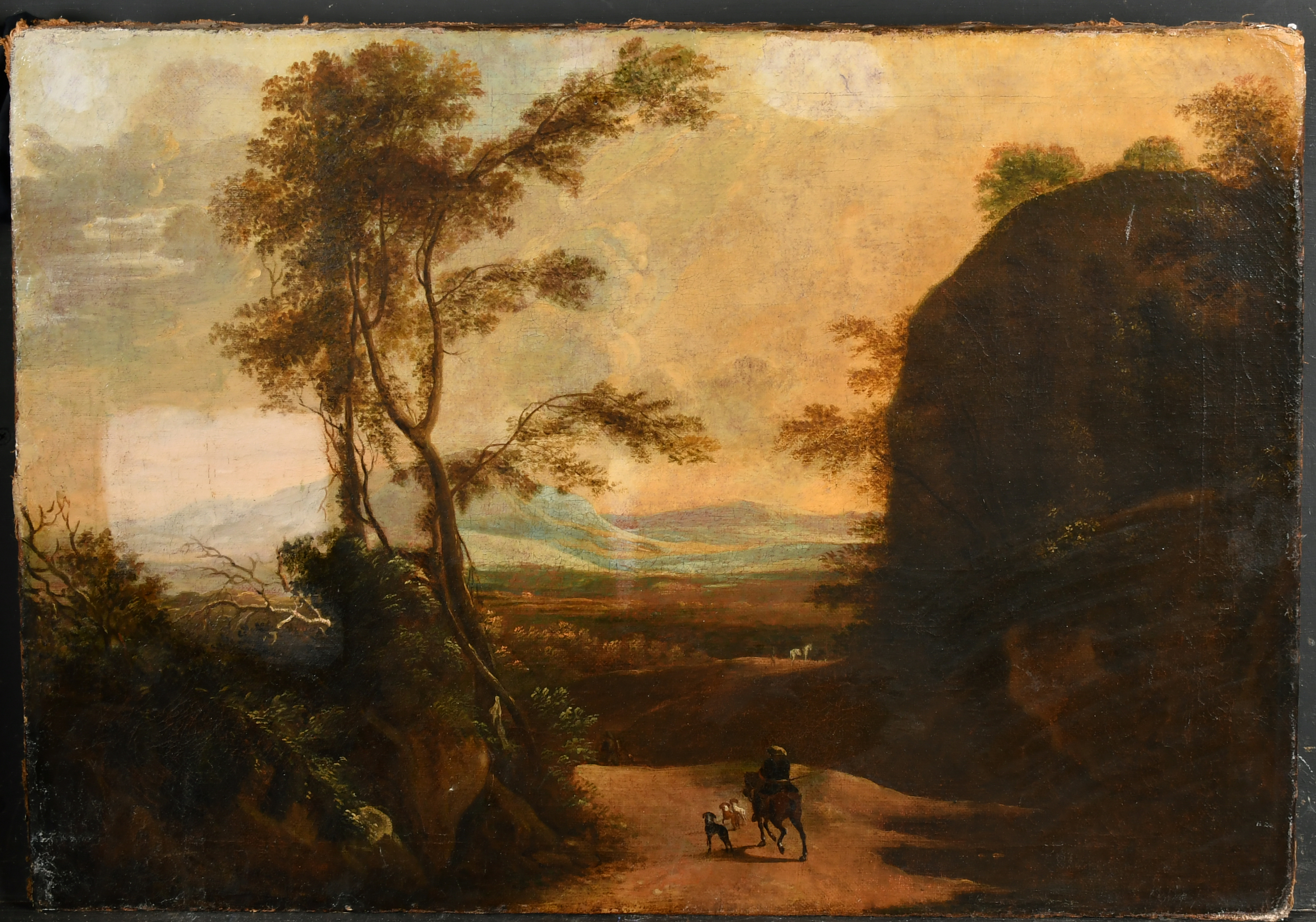 18th Century Dutch School. Figures on a Horse in a Classical Landscape, Oil on canvas, Unframed 17.5 - Image 2 of 3