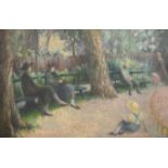 I J B Sinclair (19th-20th Century) British. Figures on a Park Bench, Oil on canvas, Inscribed verso,