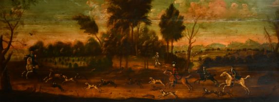 Late 18th Century English School. Stag Hunting, Oil on panel, 20.25" x 54" (51.4 x 137.2cm)