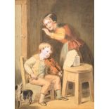 Circle of William Henry Hunt (1790-1864) British. The Violin Lesson, Watercolour, 8.75" x 6.25" (21