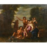 17th Century French School. Figures in Arcadia, Oil on canvas, Unframed 15.75" x 19.75" (40 x 50.2cm